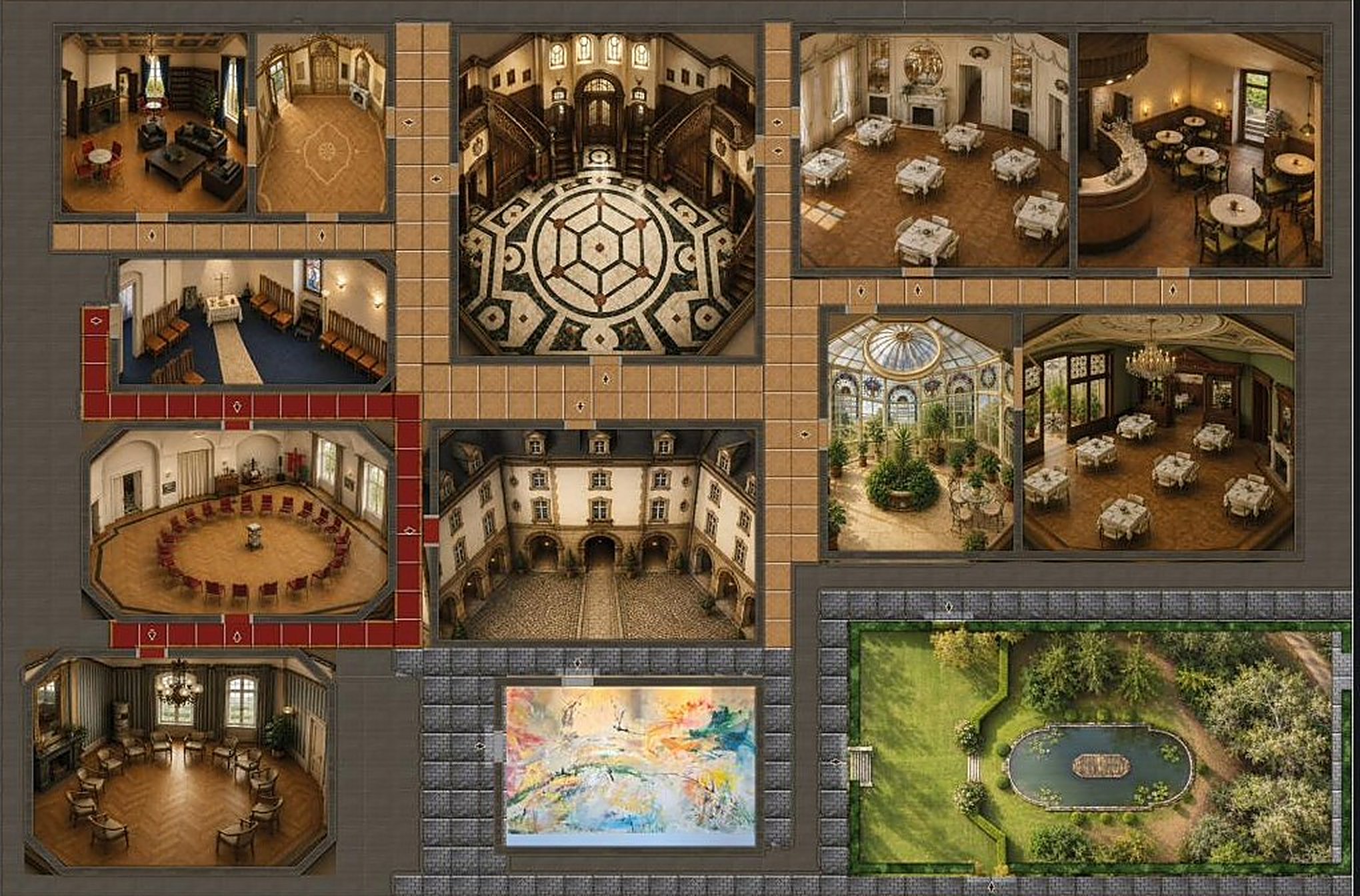 Der fertig gestaltete CraHime-Spielplan: Grundriss von Schloss Craheim mit zwölf Räumen